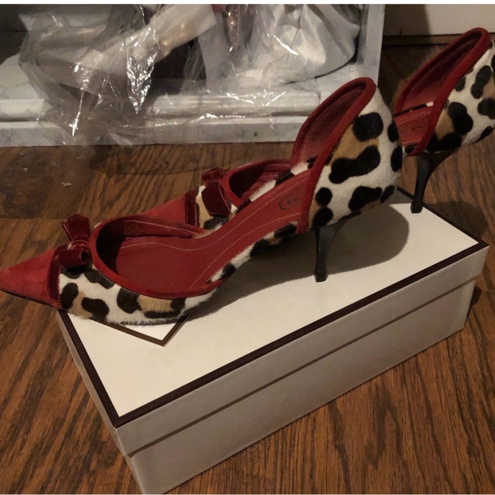 Coach calf  hair Leopard-Print Red Pointed-Toe D'Orsay Pumps - Picture 3 of 5